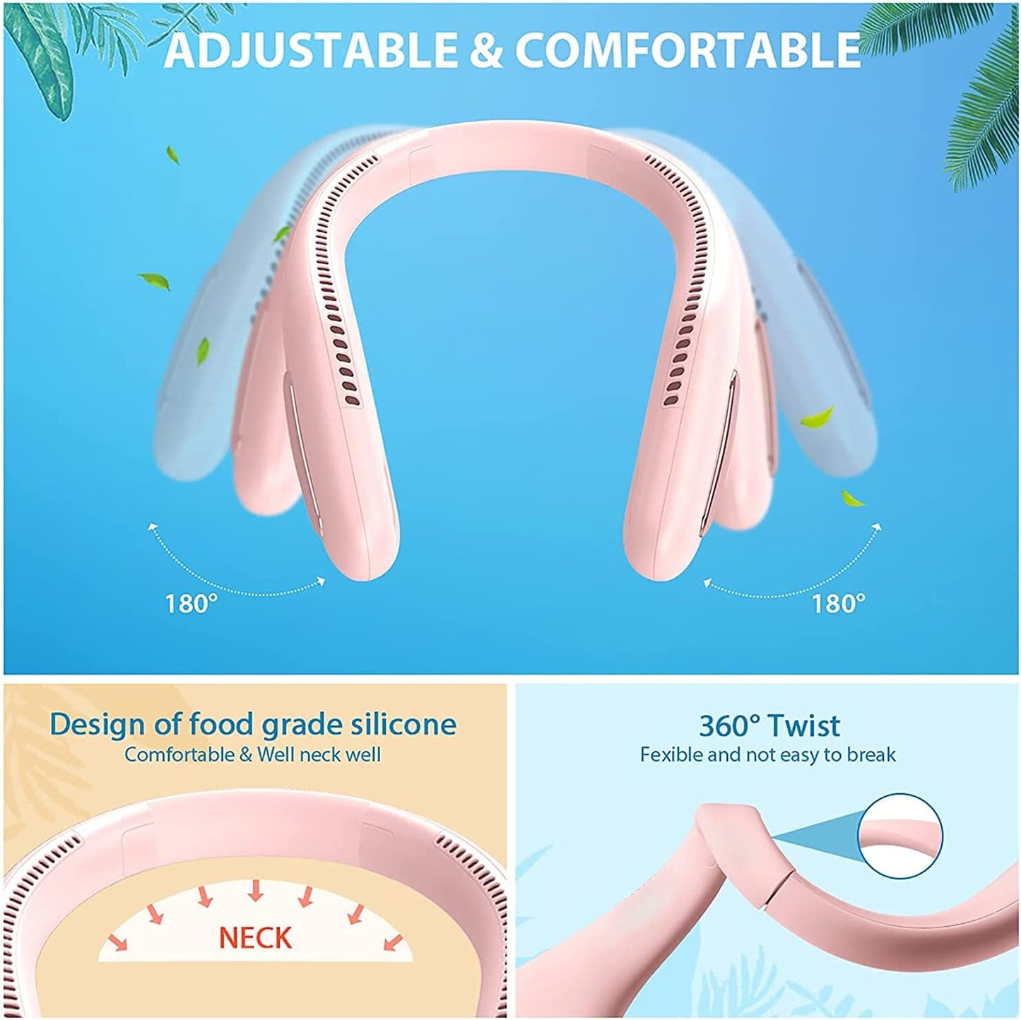 Portable Neck Fan - Rechargeable Hands-Free Bladeless Personal Mini Fan with 3 Speeds, 70 Air Outlets, and Adjustable Wearable Design for Traveling, Sports, and Office - Pink