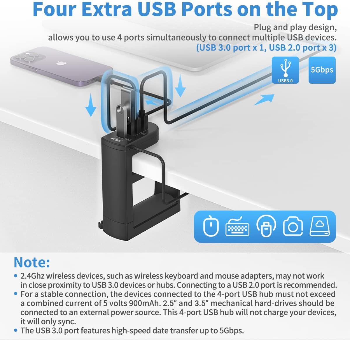 2-in-1 Desk Headphone Hanger Hook with USB Port and 4 USB Ports, Adjustable Rotating Arm Clamp - Black