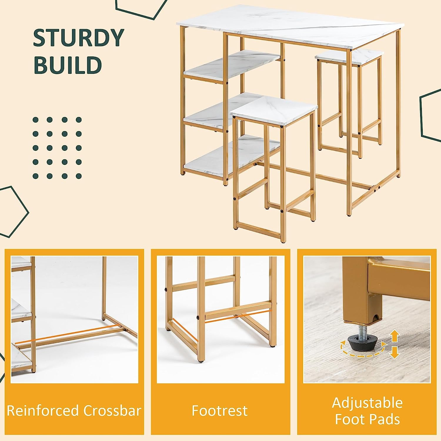 3 Piece Bar Table Set with 2 Stools, Ideal for Small Spaces, Featuring Storage Shelves and White Faux Marble Design