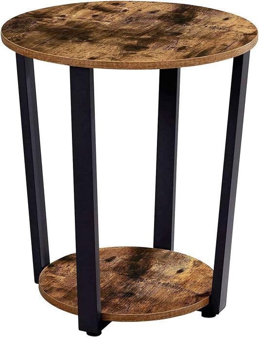  Industrial Round End Table with Storage Rack - 2-Tier Small Sofa Couch Table - Wood Look Accent Table with Metal Frame for Living Room, Bedroom, Coffee, and Small Spaces