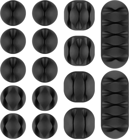 Cable Clips 16 Pack - Self Adhesive Cord Organizer for USB Charging Cables, Power Cord, Mouse Cables, Headphone Cords - Wire Management Solution (Black)