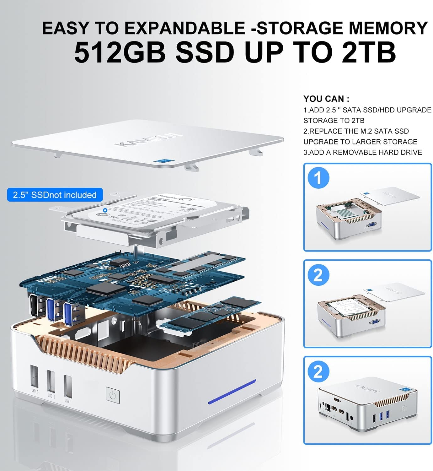 GK3 Pro Mini PC with 16GB RAM, 512GB M.2 SSD, Intel 11th Gen N5105, 2.9GHz, OS, 2.5-inch SSD, Gigabit Ethernet, 4K UHD, WiFi, BT, VESA/Home/Business Mini Desktop Computer