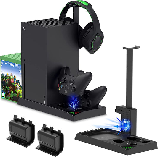 Vertical Charging Stand with Cooling Fan for Xbox Series X Console & Controller, Dual Charger Station Dock with Rechargeable Batteries, Protective Cover, Headset Stand, and Game Slots (Black)