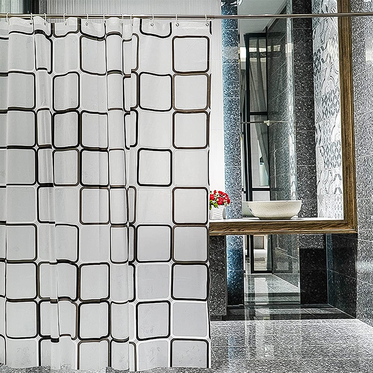 Black and White Lattice Shower Curtain for Bathroom - Contemporary Design - Waterproof - Includes Clear Shower Curtain Hooks Set - Measures 71" x 71" - Enhance Bathroom Decor.