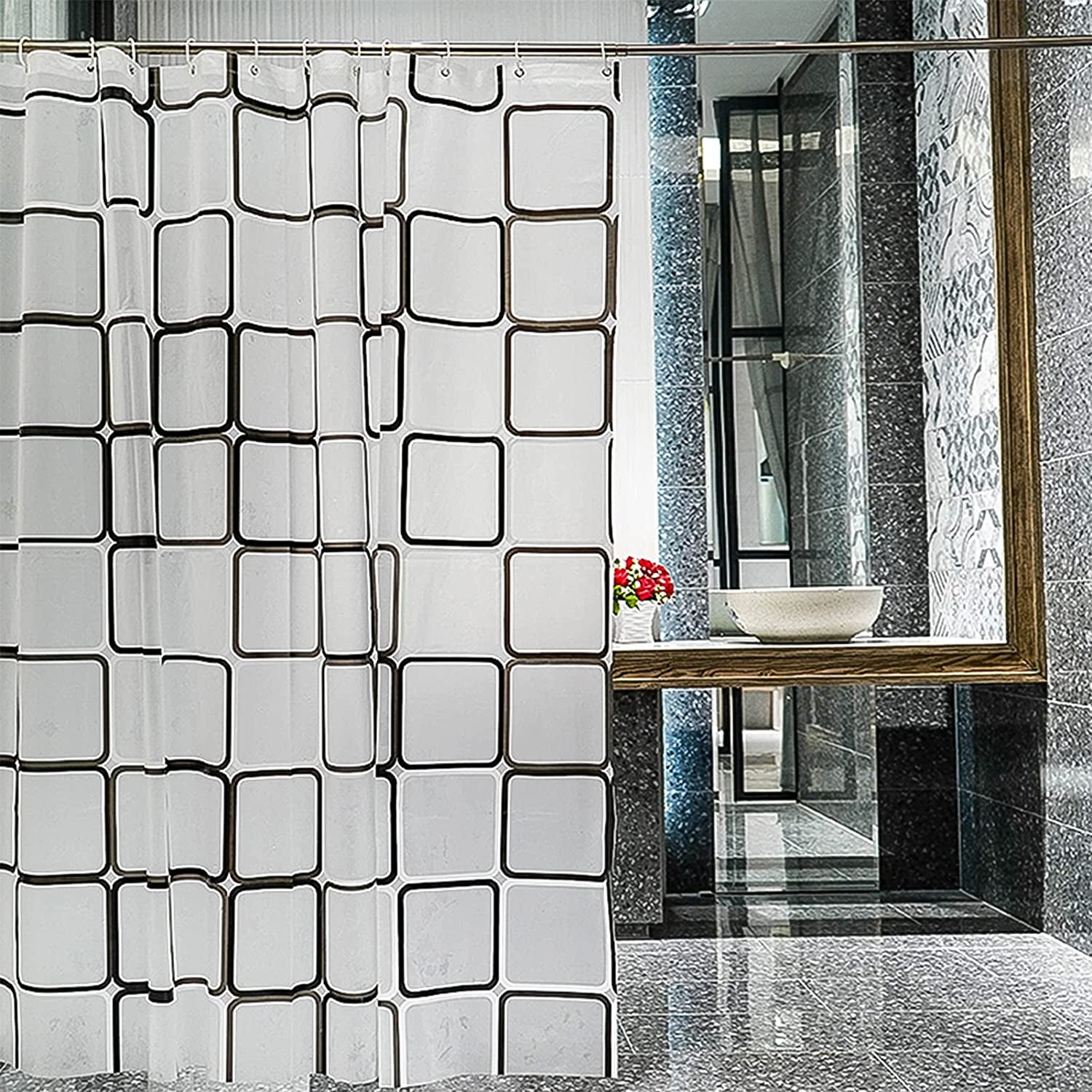 Black and White Lattice Shower Curtain for Bathroom - Contemporary Design - Waterproof - Includes Clear Shower Curtain Hooks Set - Measures 71" x 71" - Enhance Bathroom Decor.
