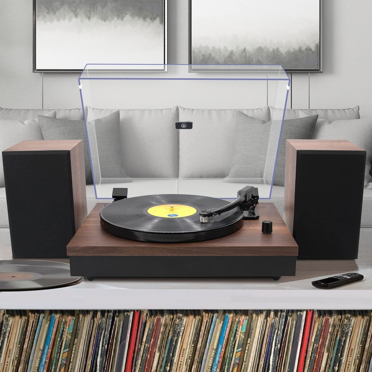 Wireless Turntable HiFi System with Bookshelf Speakers - This 2-Speed Belt-Drive Turntable for Vinyl Records offers Wireless Playback and Auto-Stop feature. It comes in a Walnut finish.