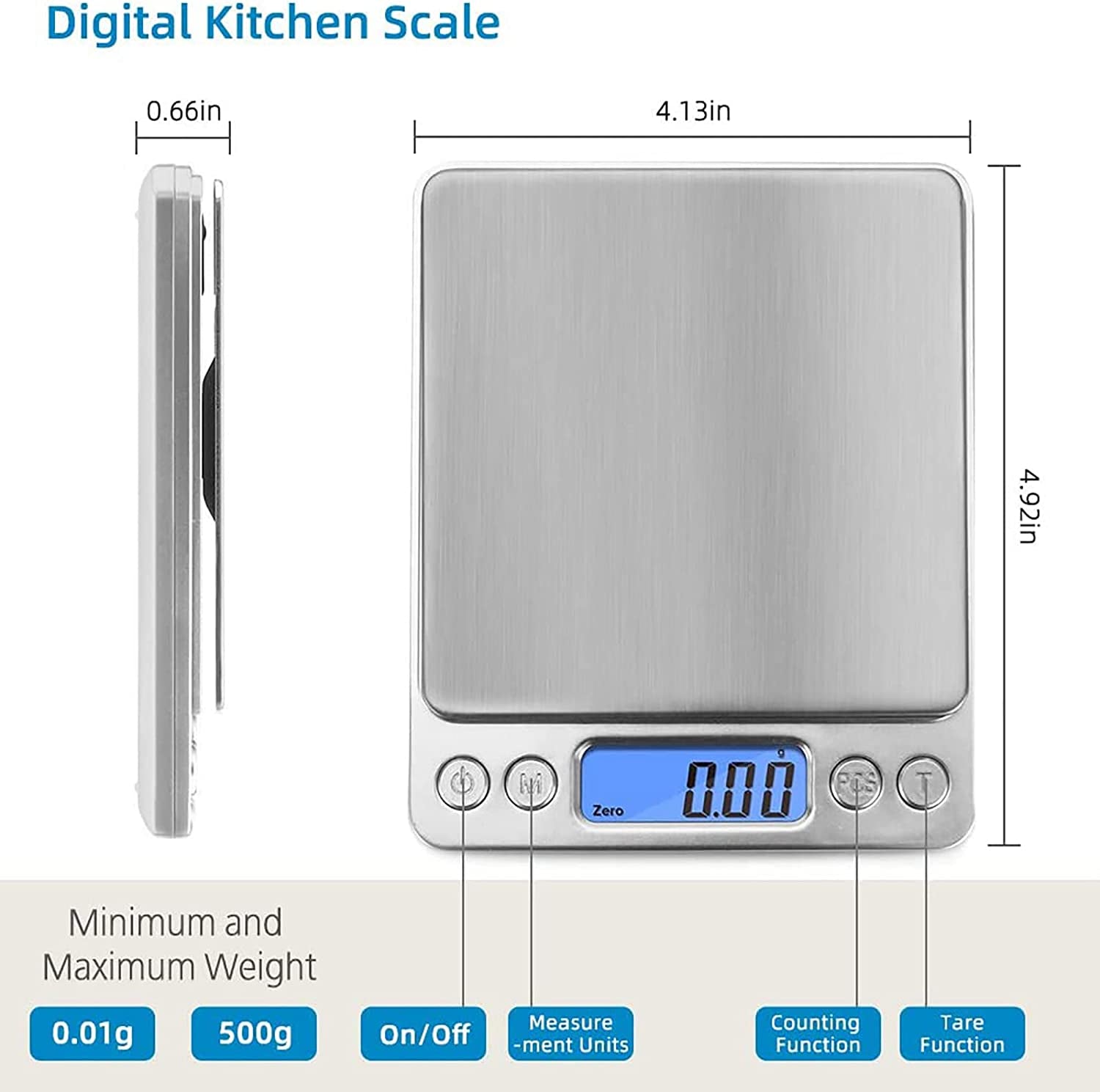 Digital Gram Scale: High Precision Kitchen Scale with 0.01g Accuracy and 500g Capacity. Multifunctional Stainless Steel Pocket Scale with Backlit LCD Display. Features Tare and PCS Functions. Color: