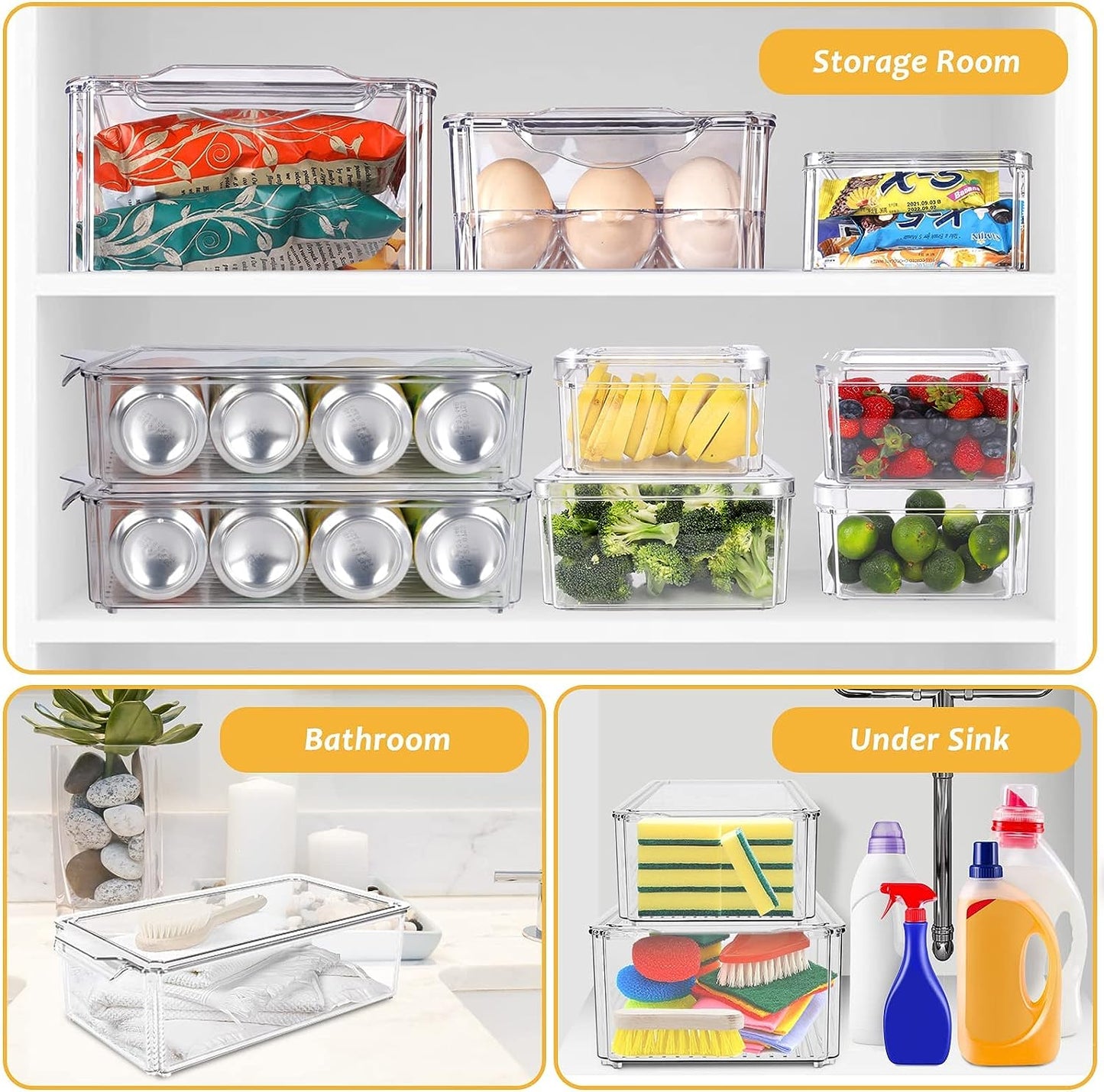 Set of 9 Fridge Organizer Bins with Lids - Clear Stackable Plastic Containers for Refrigerator, Pantry, and Kitchen Storage, BPA-Free and Versatile Organizers in 6 Different Sizes