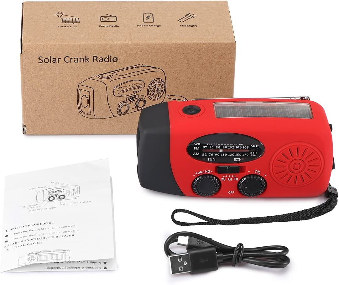 Solar Powered Hand Crank Emergency Weather Radio: Features FM/AM/NOAA Radio, 3-LED Flashlight, and 2000mAh Power Bank for Smartphones - A Must-Have for Emergency Situations.