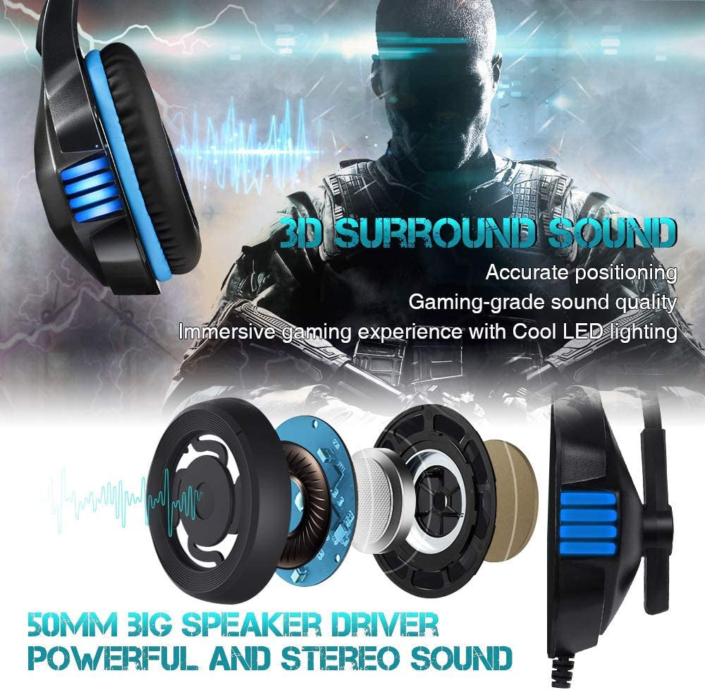 Over Ear Gaming Headphones with Noise Cancelling Microphone, Volume Control, RGB LED Light - Compatible with PS4, Xbox One, PC, Laptop, Mac, Tablet, Smart Phone