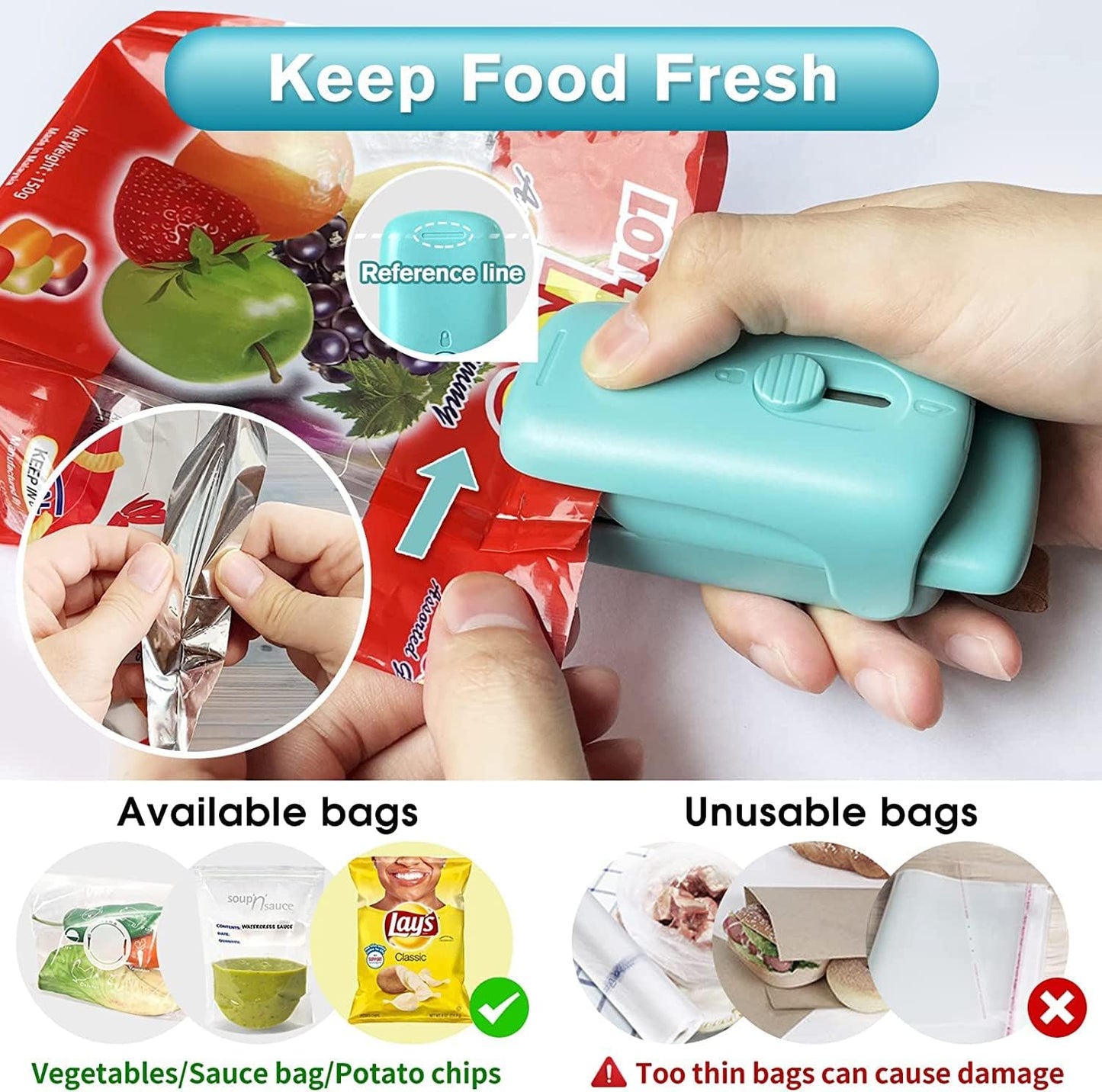 Blue Mini Portable Bag Sealer: Handheld Heat Sealer for Quick Sealing of Food Storage Snack Fresh Bags. Please note that batteries are not included.