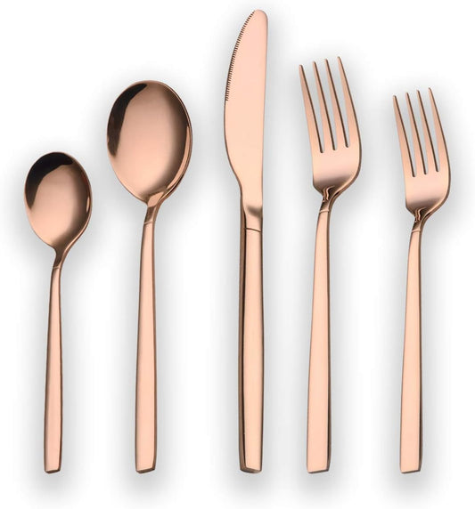 Shiny Copper 20-Piece Titanium Rose Gold Plated Stainless Steel Flatware Set - Includes Copper Silverware Set for 4 People, Creating a Stunning Copper Color Cutlery Set.