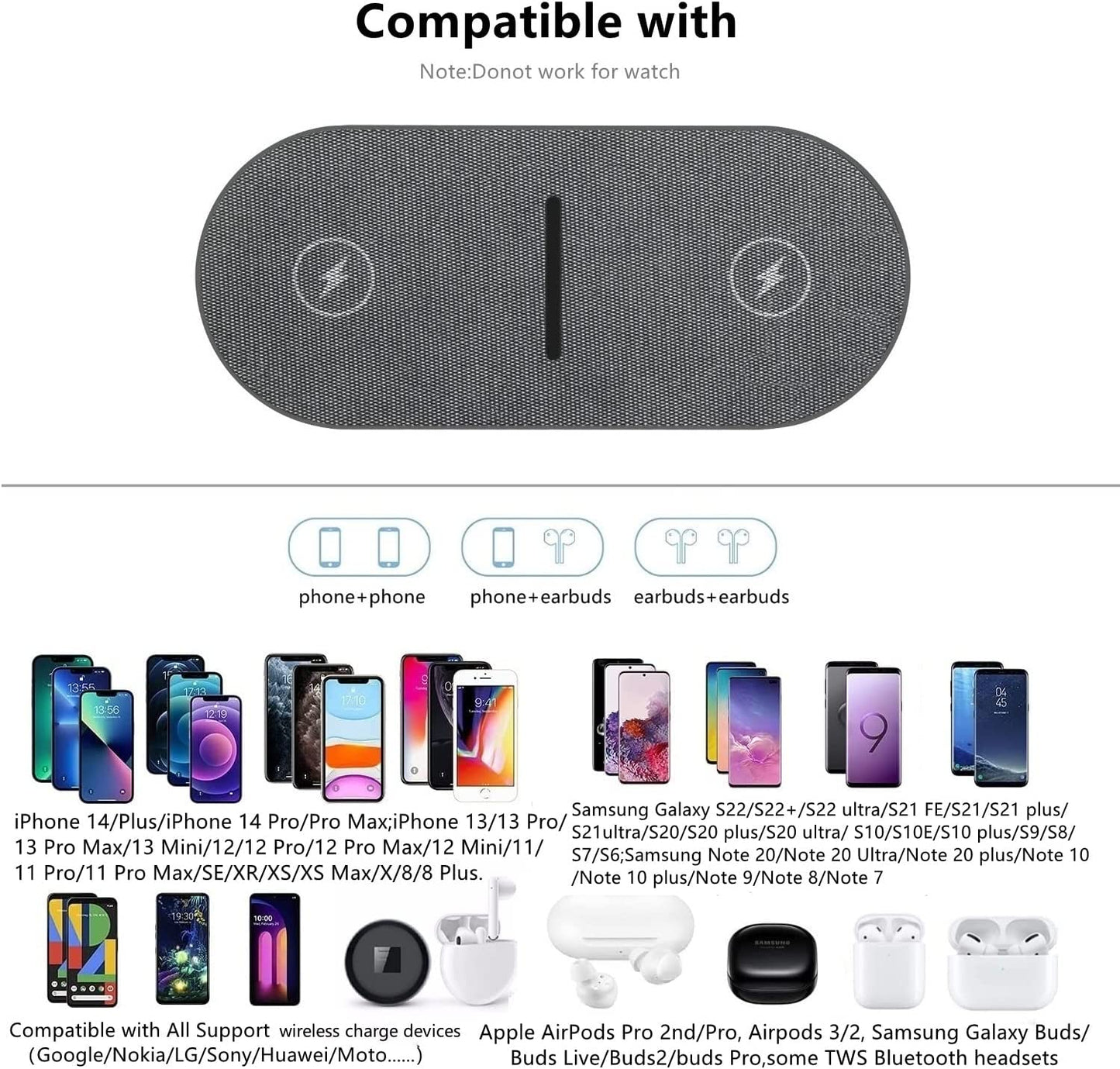 Dual 20W Wireless Charging Pad: 2 in 1 Fast Wireless Charging Mat for iPhone 14, 13, 12, 11/Pro/Plus/Mini/SE/X/Xs and Apple AirPods 3/2/Pro. Also, a 15W Wireless Charger Station for Samsung Galaxy/Note/Galaxy Buds.