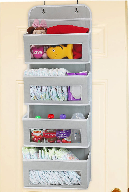 Simple Baby Organizer 4 Clear Window Pockets - Over The Door Hanging Nursery Organizer Storage, Grey