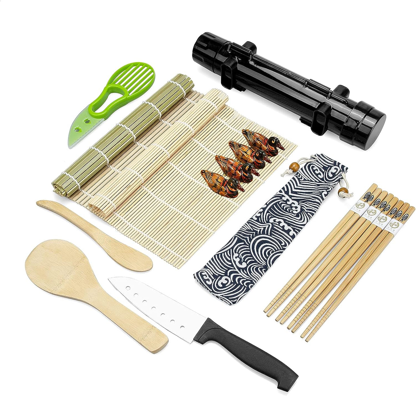 Complete Sushi Making Kit: Includes Bamboo Mat, Sushi Rolling Mat, Paddle, Spreader, Sushi Knife, Chopsticks Holder, Cotton Bag, and Avocado Slicer - Ideal for Beginners