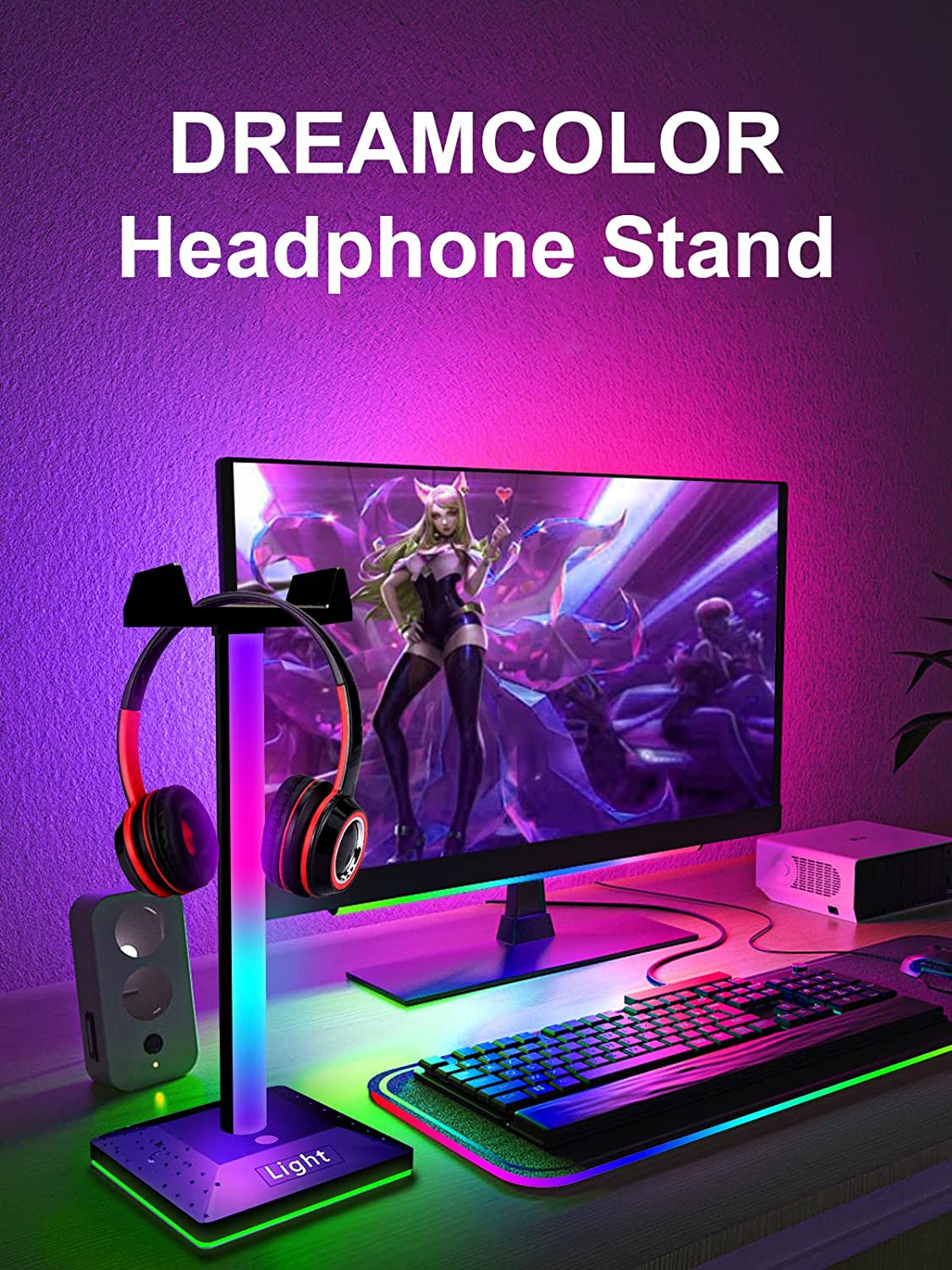 RGB Gaming Headphone Stand Light with USB Port - Ideal Desktop PC Gaming Stand Light for Gaming Headset Accessories - Great Gift for Husband, Kids, Boyfriend