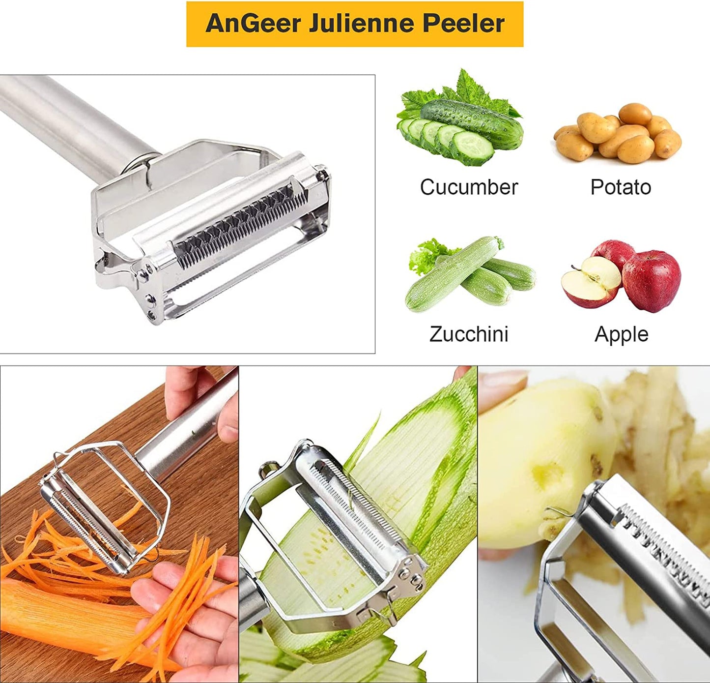 Stainless Steel Julienne Peeler - Double-Sided Blade Vegetable Cutter and Fruit Slicer with Dual Blade, Multifunctional Potato Peeler.