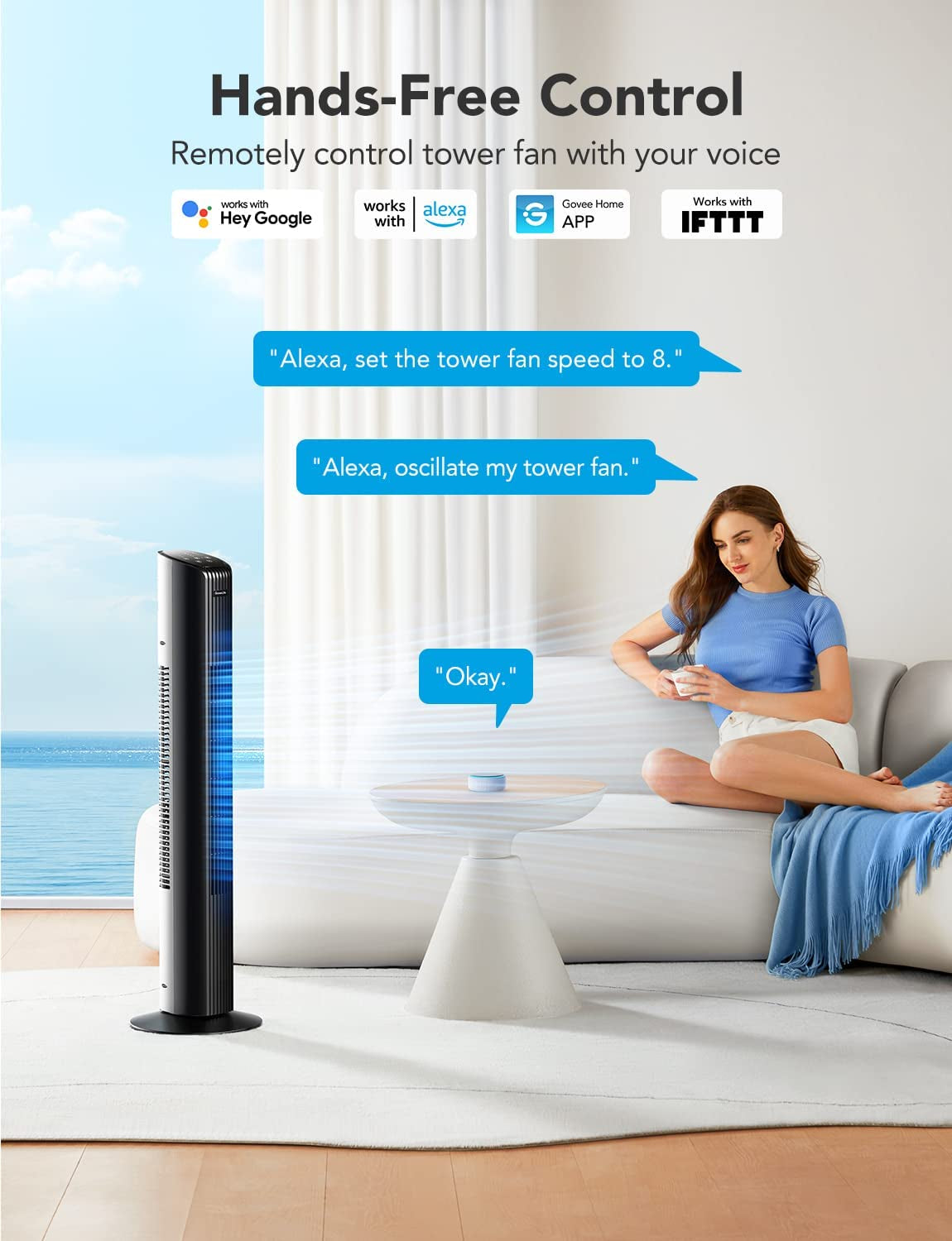 Smart Tower Fan  36'' Bedroom Fan with Temperature Auto-Reflect, Oscillating Function, 8 Speeds, 4 Modes, 24H Timer via APP, Alexa Compatibility, Ideal for Home Office