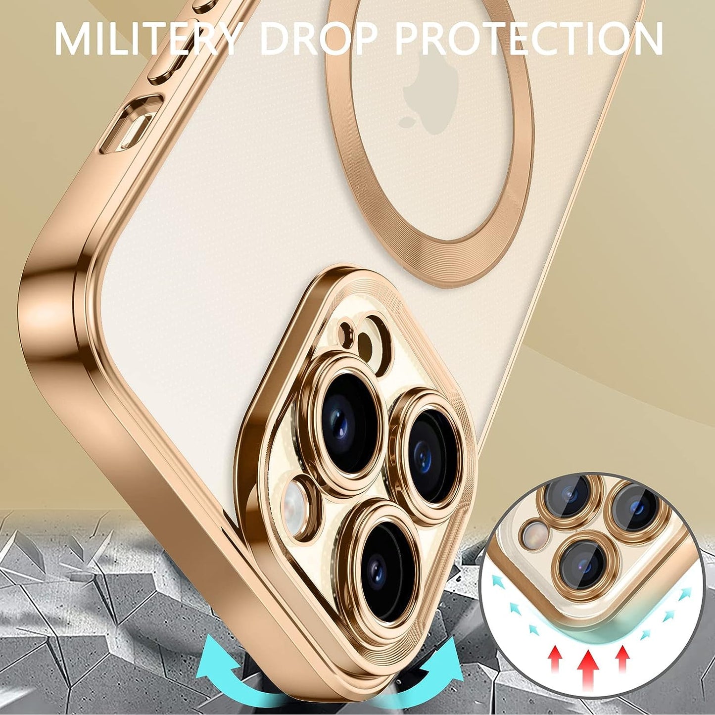 iPhone 12 Pro Magnetic Case - Clear, flexible TPU cover with Magsafe compatibility. Shockproof and anti-scratch. Clear/Gold.