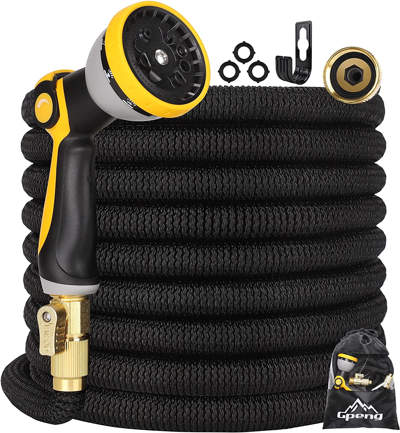 25 ft Expandable Garden Hose: Comes with a 10 Function Nozzle, Triple Core Latex, and 3/4" Solid Brass Fittings. Lightweight, Kink-Free, Retractable, and Collapsible for Flexible Gardening. Available in Black.