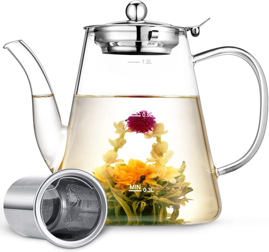 Glass Teapot 1200ml - Comes with Removable Loose Tea Infuser - Made from Borosilicate Glass - Features Scale Line - Stovetop Safe - Suitable for Blooming Tea and Other Teas - Presented in a Gift Box, Perfect for Tea Enthusiasts.