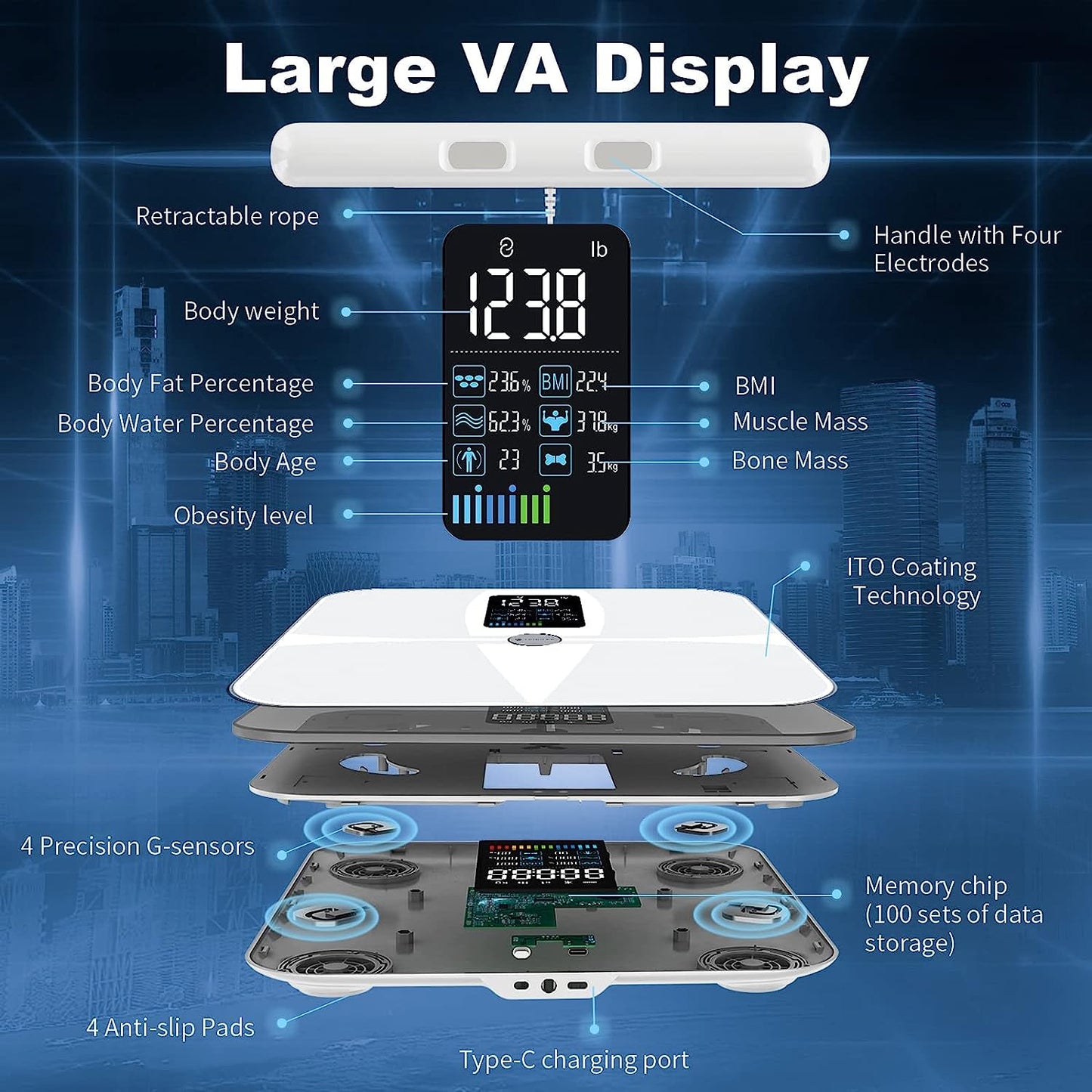 Large Display Body Fat Scale: Measures Body Weight and Fat with 8 Electrodes. Rechargeable Digital Bathroom Scale with High Accuracy. Smart Scale Monitors 20 Body Compositions with App.