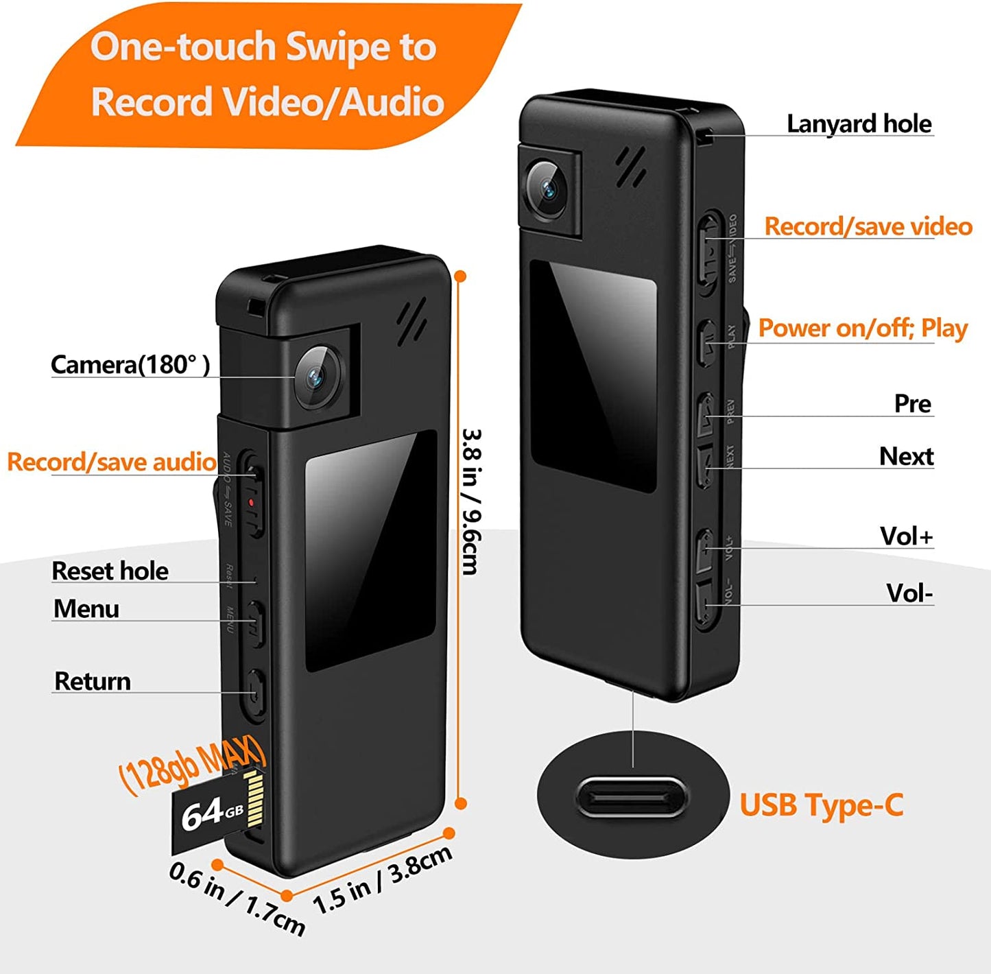 1080P 64GB Body Camera with Audio, Police Body Cam with 180° Rotatable Lens and Upgrade Rotate Clip