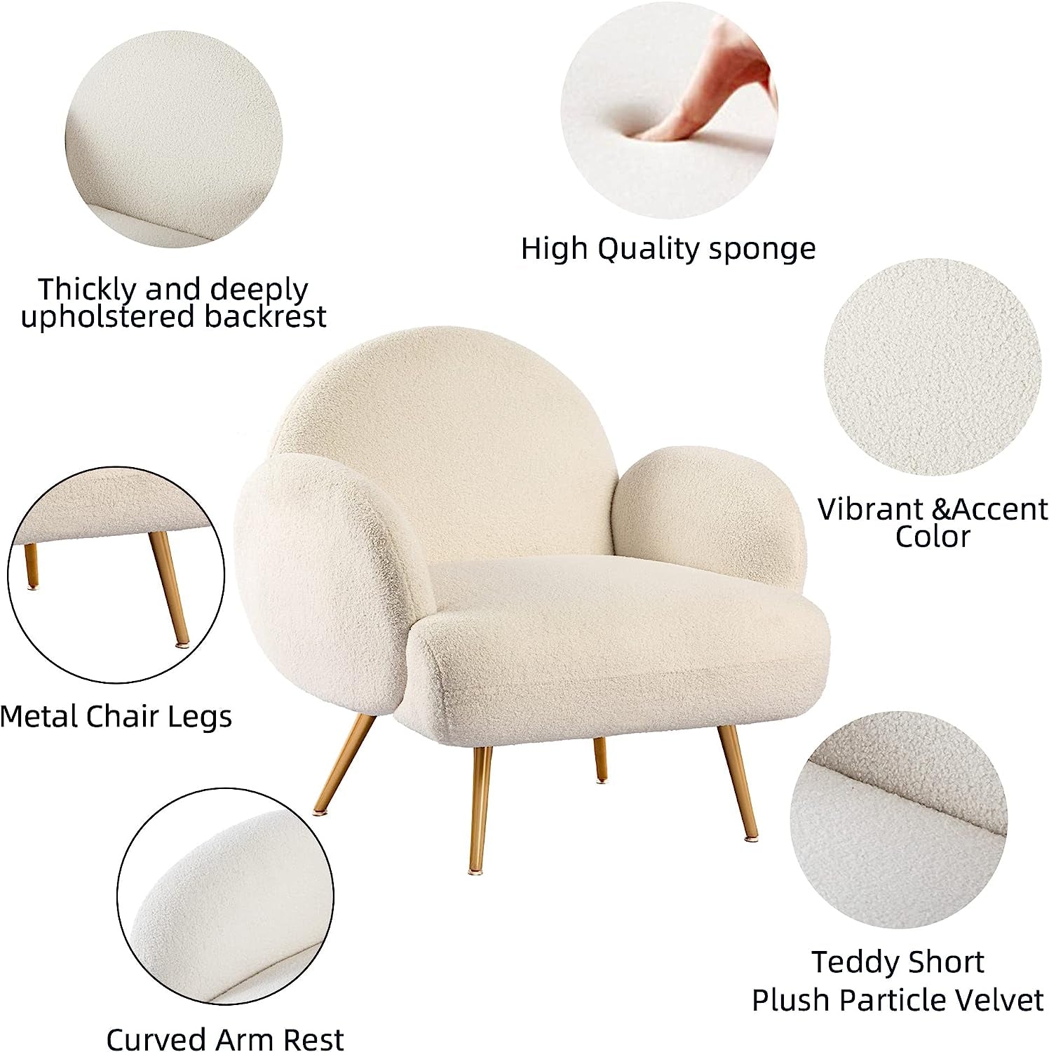 White Accent Sherpa Chair - Comfy Modern Armchair with Golden Metal Legs Mid-Century Sofa Chair