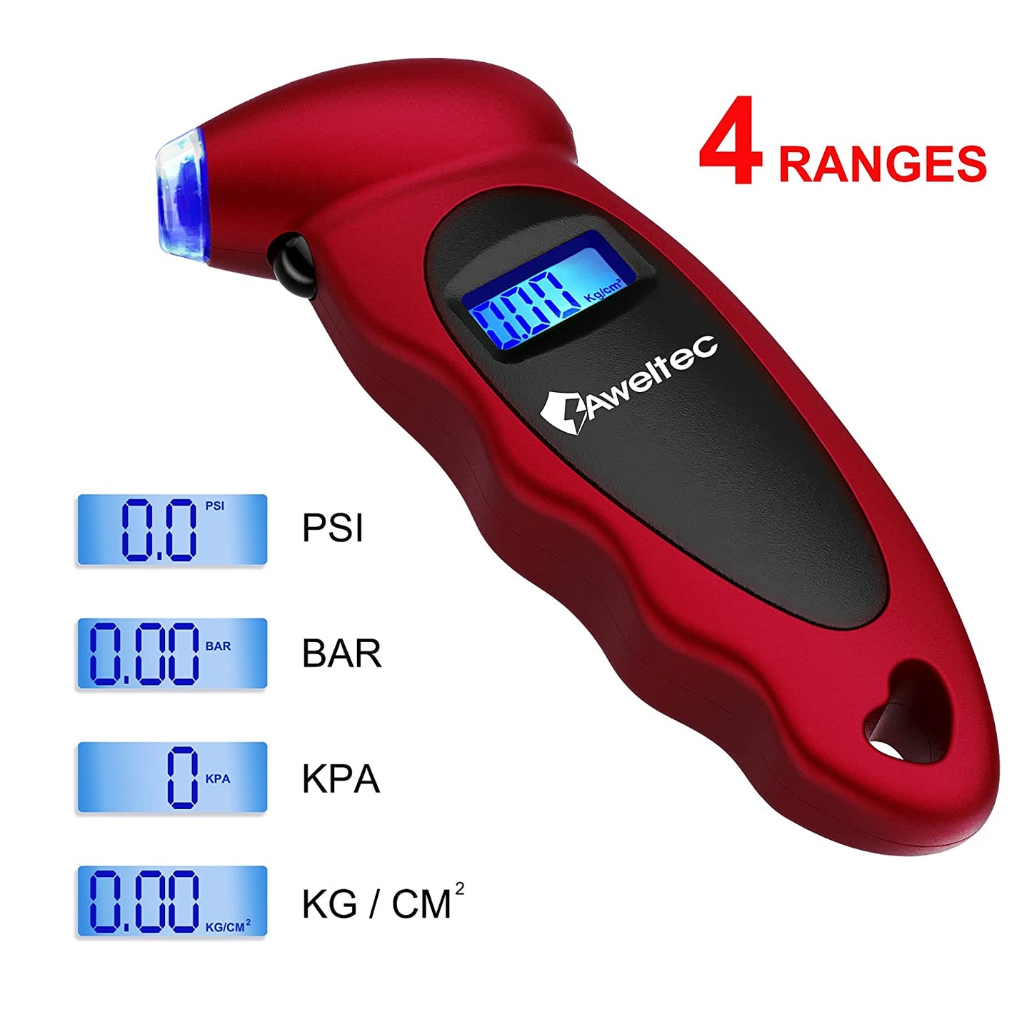 Set of 2 Digital Tire Pressure Gauges: 150 PSI, 4 Pressure Settings, Suitable for Cars, Trucks, Motorcycles, and Bicycles. Features Backlit LCD and Non-Slip Grip for Easy and Accurate Reading. Color: Red.