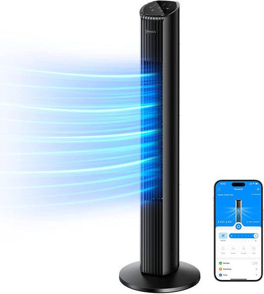 Smart Tower Fan  36'' Bedroom Fan with Temperature Auto-Reflect, Oscillating Function, 8 Speeds, 4 Modes, 24H Timer via APP, Alexa Compatibility, Ideal for Home Office