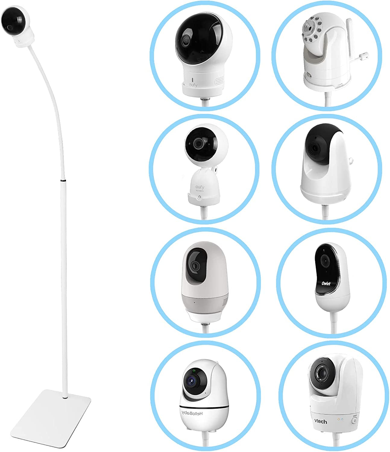 Floor Stand for Baby Monitors - Available in 35-inch and 63-inch options. Compatible with Infant Optics DXR-8/DXR-8 Pro, eufy, Vava, Hipp, Nooie, Owlet, Motorola, and any other cameras with a 1/4 Screw Mount.