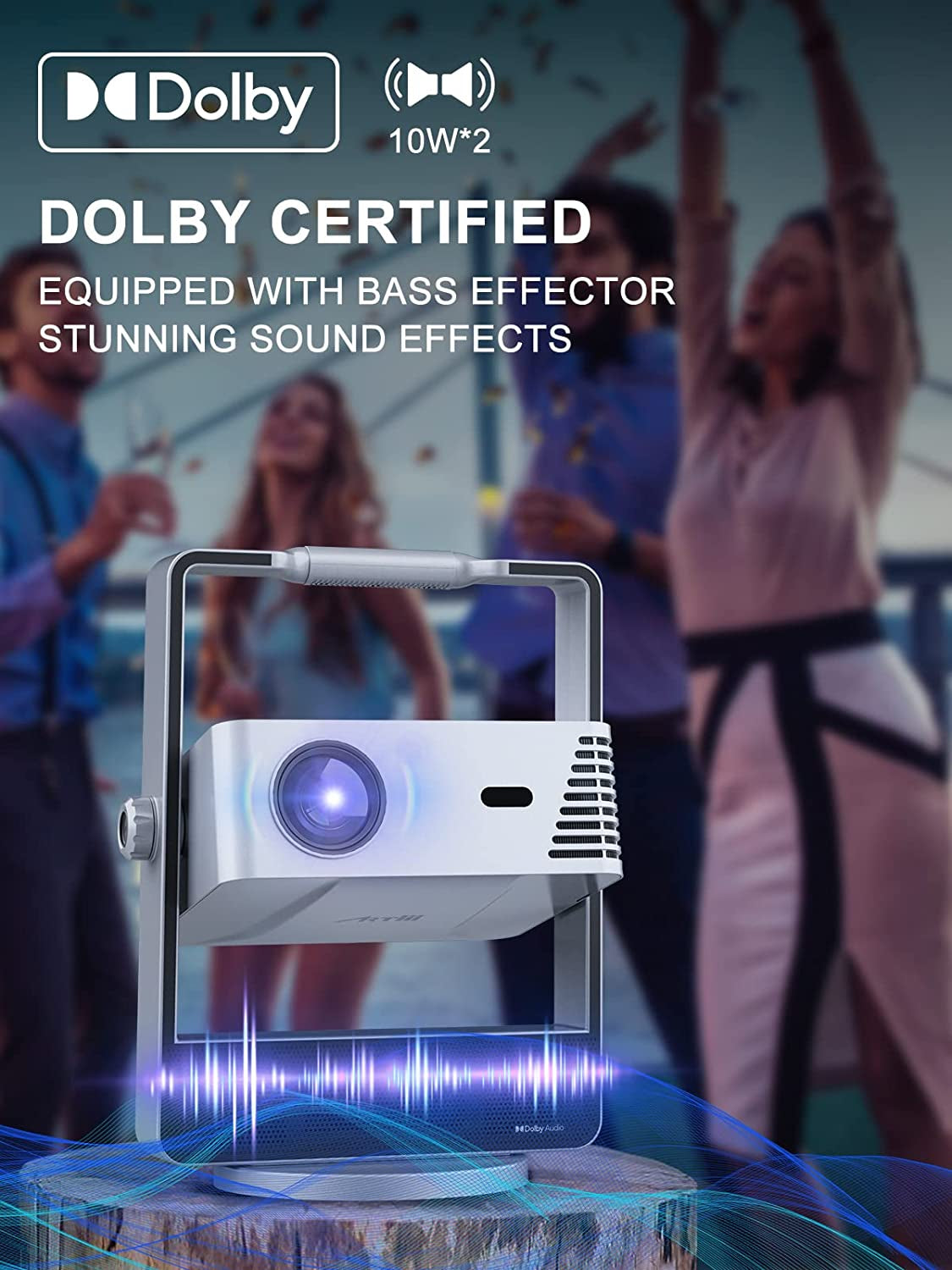 High-Quality Outdoor Projector - 4K Resolution, Auto Focus & Keystone Correction, Dolby Audio, Anti-Direct Eye Protection. Equipped with 2X10W Speakers for Enhanced Bass Effect. Offers 5G Wifi, Bluetooth, USB, and HDMI Connectivity