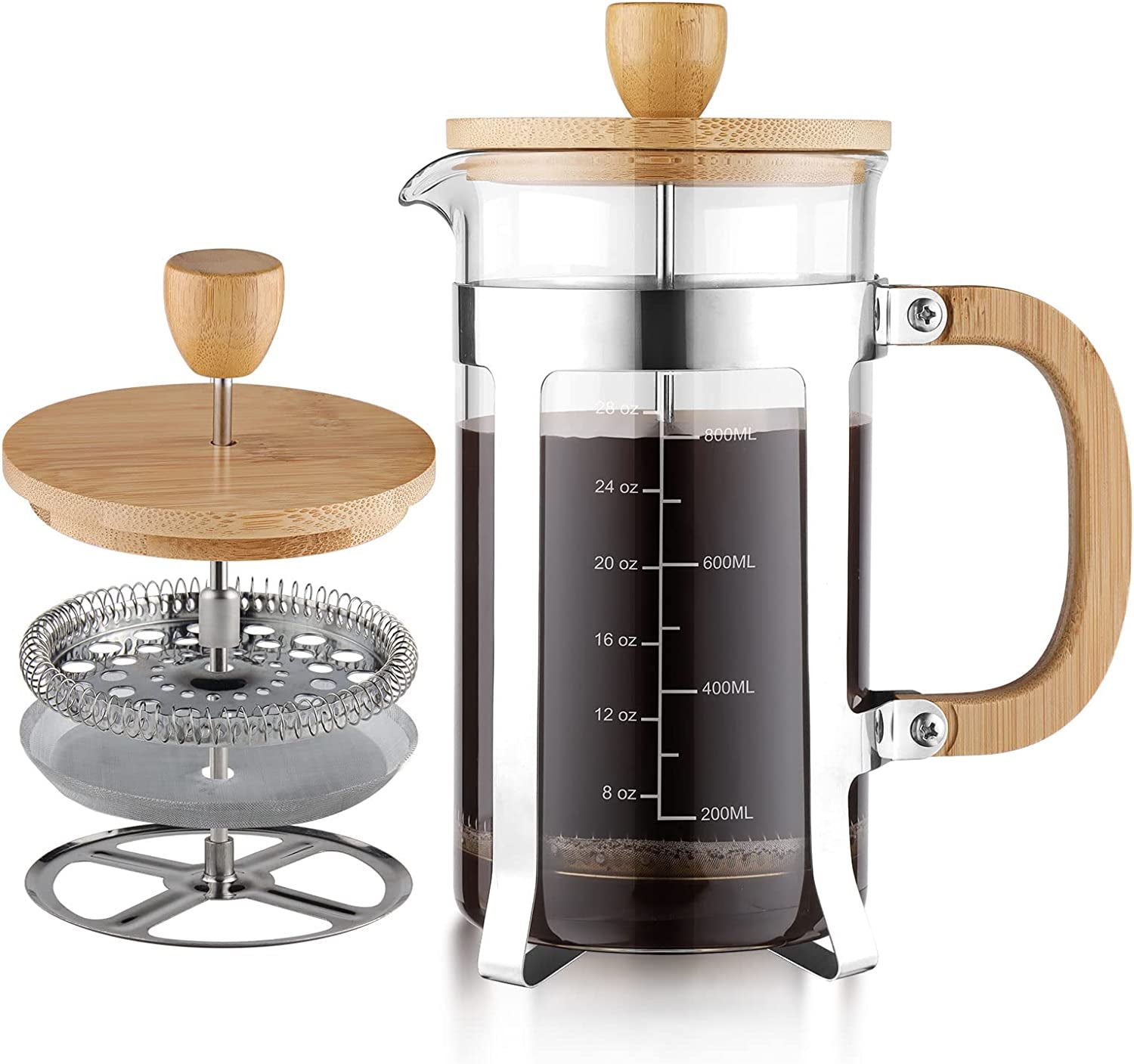 French Press Coffee Maker - 34 oz Capacity - Made from High Borosilicate Glass - Features a Durable Bamboo Handle - Portable Brewer for Coffee and Tea - Generous 1000ml Size.