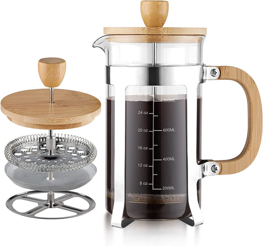 French Press Coffee Maker - 34 oz Capacity - Made from High Borosilicate Glass - Features a Durable Bamboo Handle - Portable Brewer for Coffee and Tea - Generous 1000ml Size.