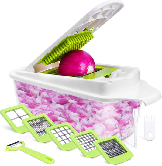 12-in-1 Vegetable Chopper and Dicer: A versatile food chopper and slicer for onions, potatoes, salads, fruits, apples, carrots, with a container and 12pcs accessories included.