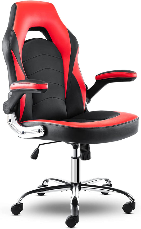 Ergonomic Gaming Office Chair - PU Leather Executive Swivel Design - Features Flip-Up Armrests and Lumbar Support - Suitable for Working, Studying, and Gaming - Color: Grey.