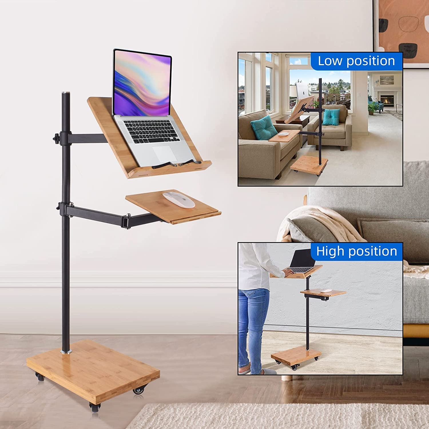 Adjustable Rolling Laptop Stand - Versatile Workstation Desk for Laptops, Tablets, and Art - Suitable for Various Settings - Swing Arm, Stable Base