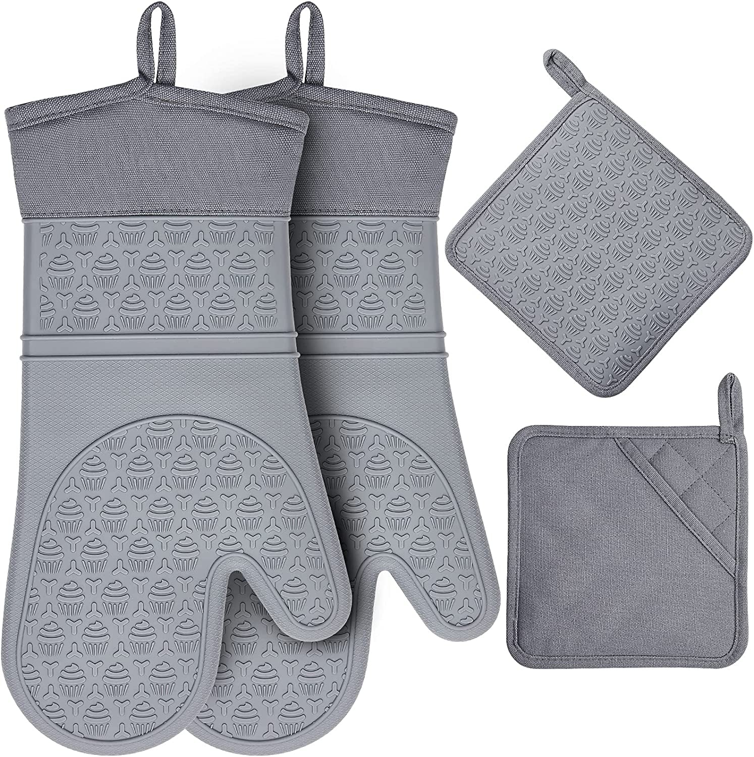 Heat-Resistant Silicone Oven Mitts & Pot Holders Set - Withstands Temperatures up to 600°F, Extra-Long Oven Gloves for Flexible Use in Kitchen Cooking, Baking, Grilling, and Microwave, Features Quilted Liner for Comfort and Non-Slip Grip, BPA-Free Design