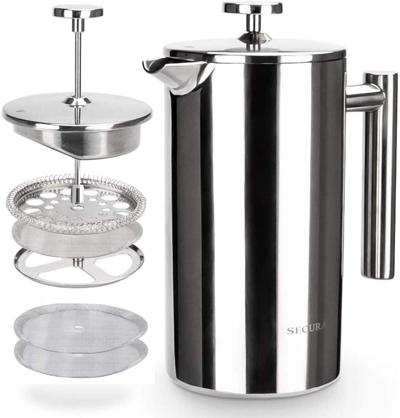 34oz (1 Litre) French Press Coffee Maker - Insulated 304 Grade Stainless Steel Coffee Press with 2 Extra Screens - Silver