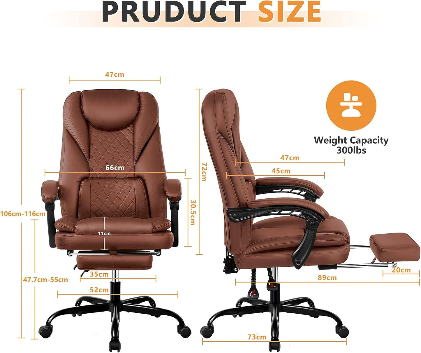 Executive Office Chair - Big and Tall Reclining Leather Chair with Foot Rest, High Back, Lumbar Support, and Ergonomic Design for Home Office - Brown