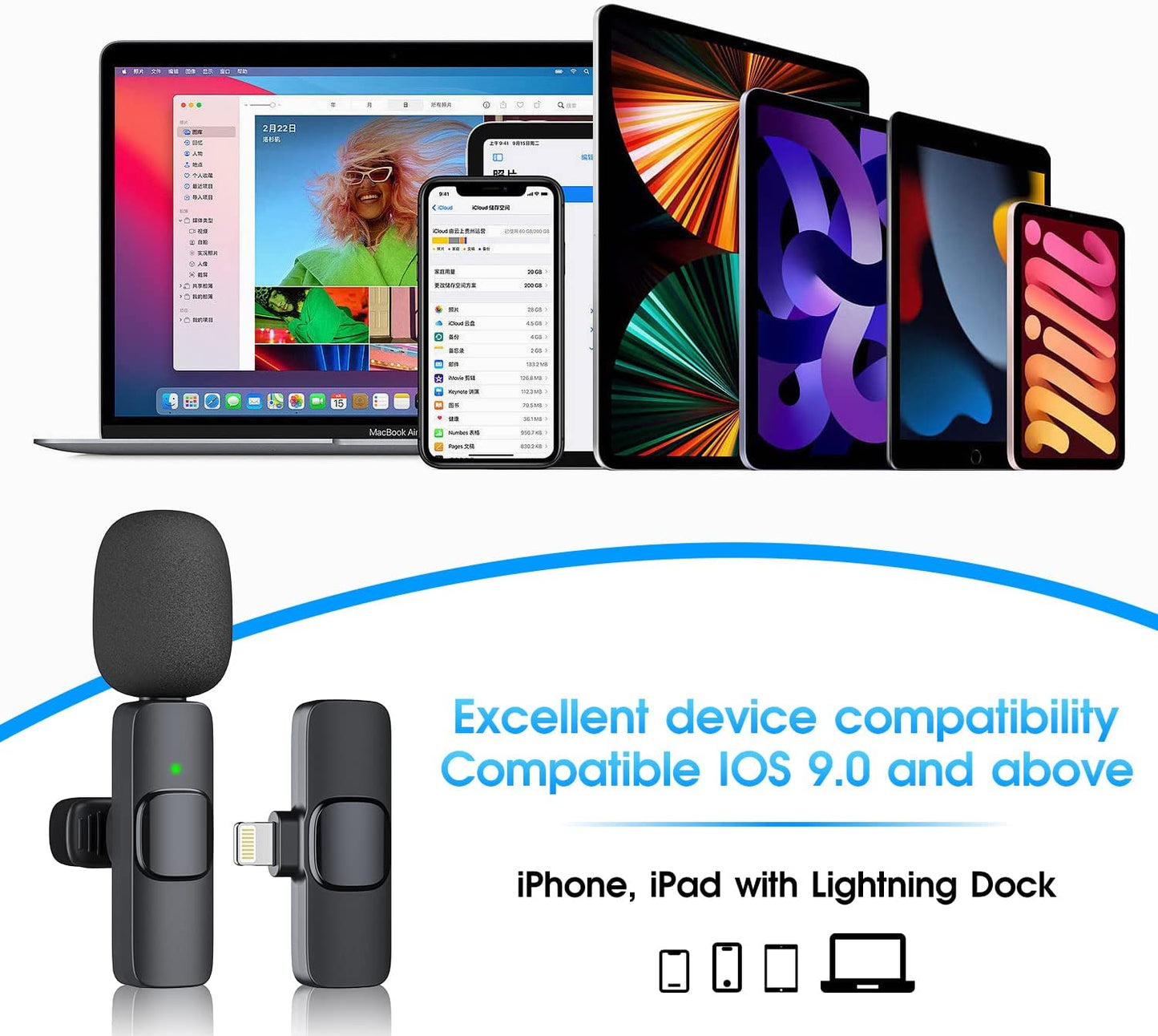 Professional Wireless Lavalier Microphone for iPhone and iPad - Plug-and-Play 2.4G Technology with Ultra-Low Delay and Built-In Noise Reduction Chip. Ideal for Video Recording, Interviews, Podcasting, Vlogging, and YouTube Content Creation.