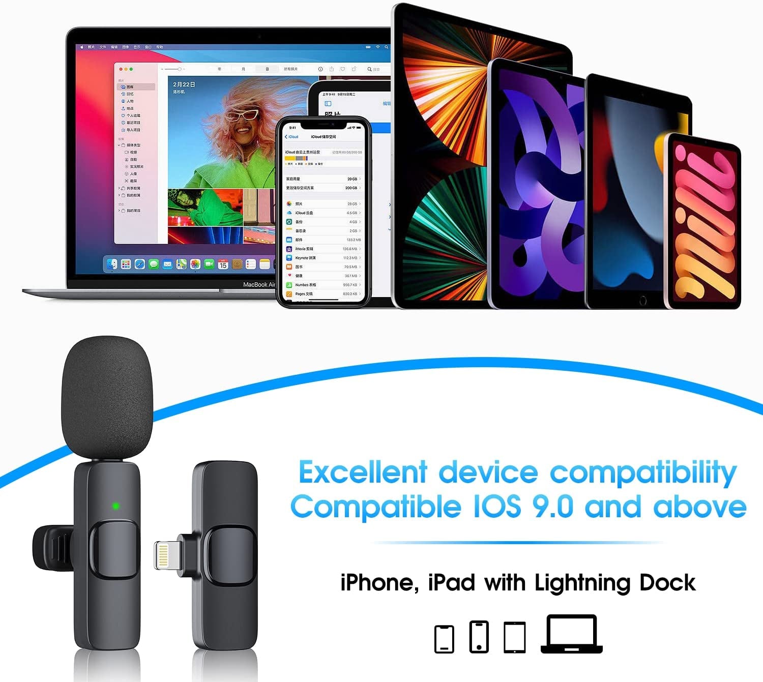 Professional Wireless Lavalier Microphone for iPhone and iPad - Plug-and-Play 2.4G Technology with Ultra-Low Delay and Built-In Noise Reduction Chip. Ideal for Video Recording, Interviews, Podcasting, Vlogging, and YouTube Content Creation.