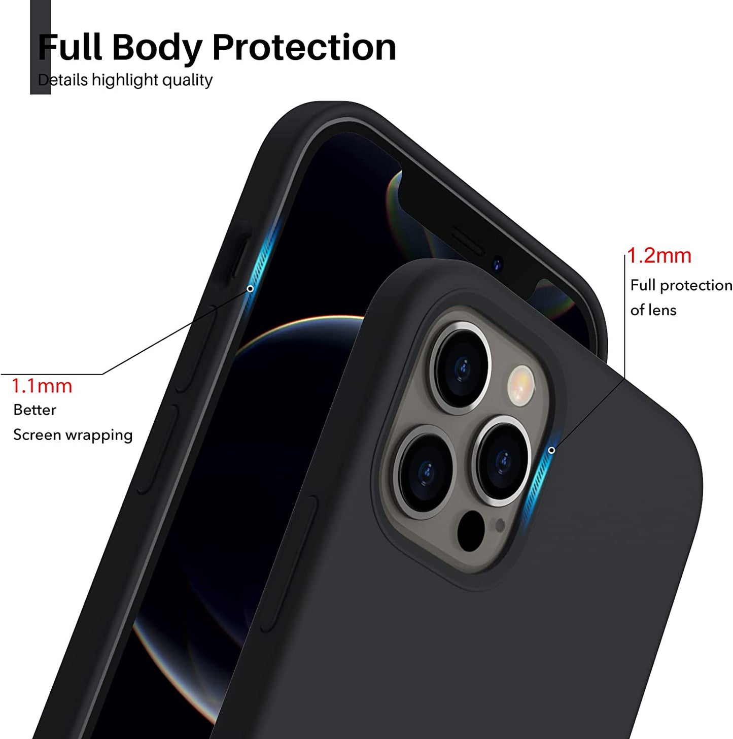 iPhone 12 / iPhone 12 Pro Case - Slim liquid silicone, 3-layer full coverage soft gel rubber case. Black.