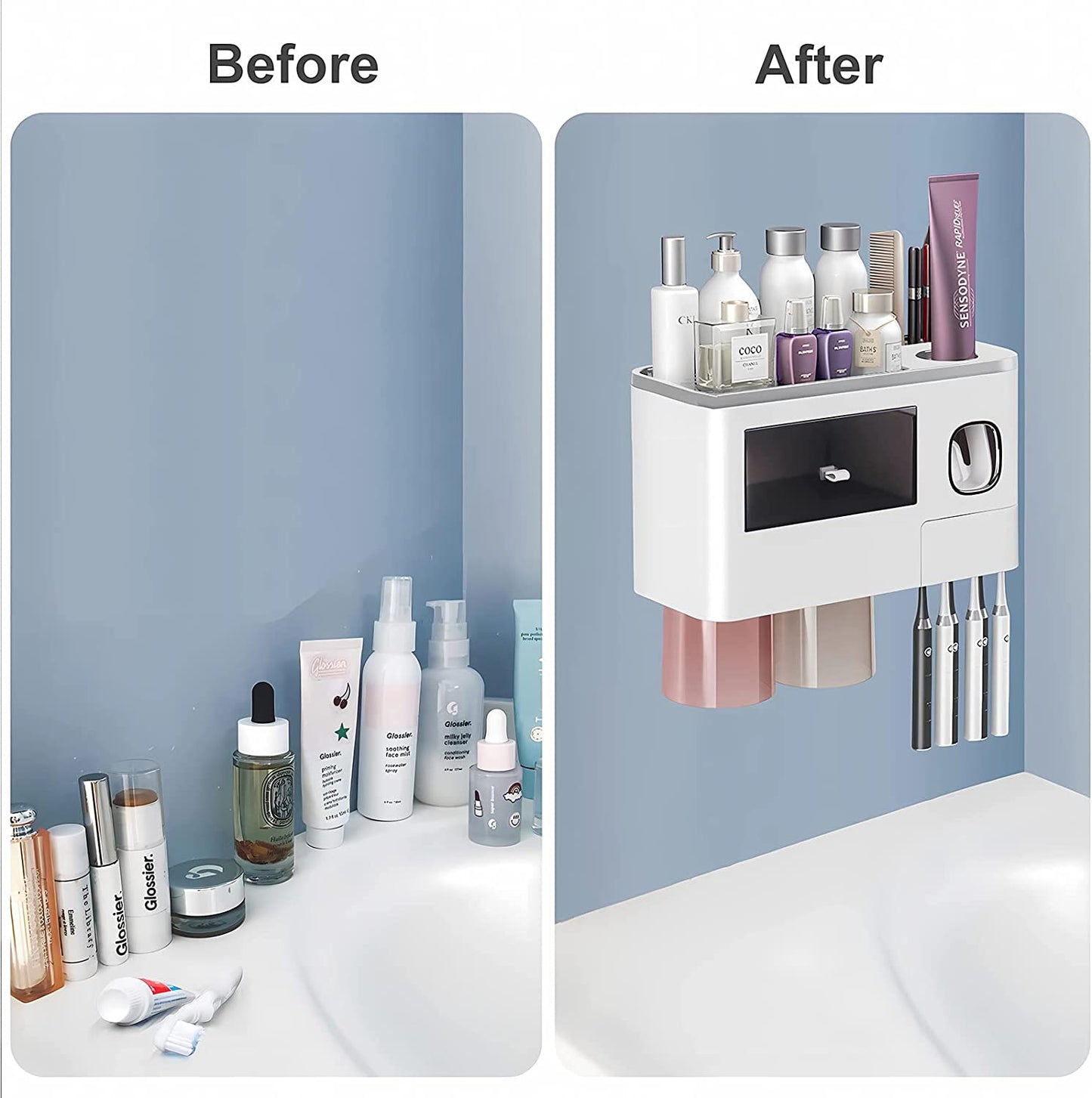 Wall-Mounted Toothbrush Holder with Automatic Toothpaste Dispenser, 2 Cups, and 1 Cosmetic Drawer