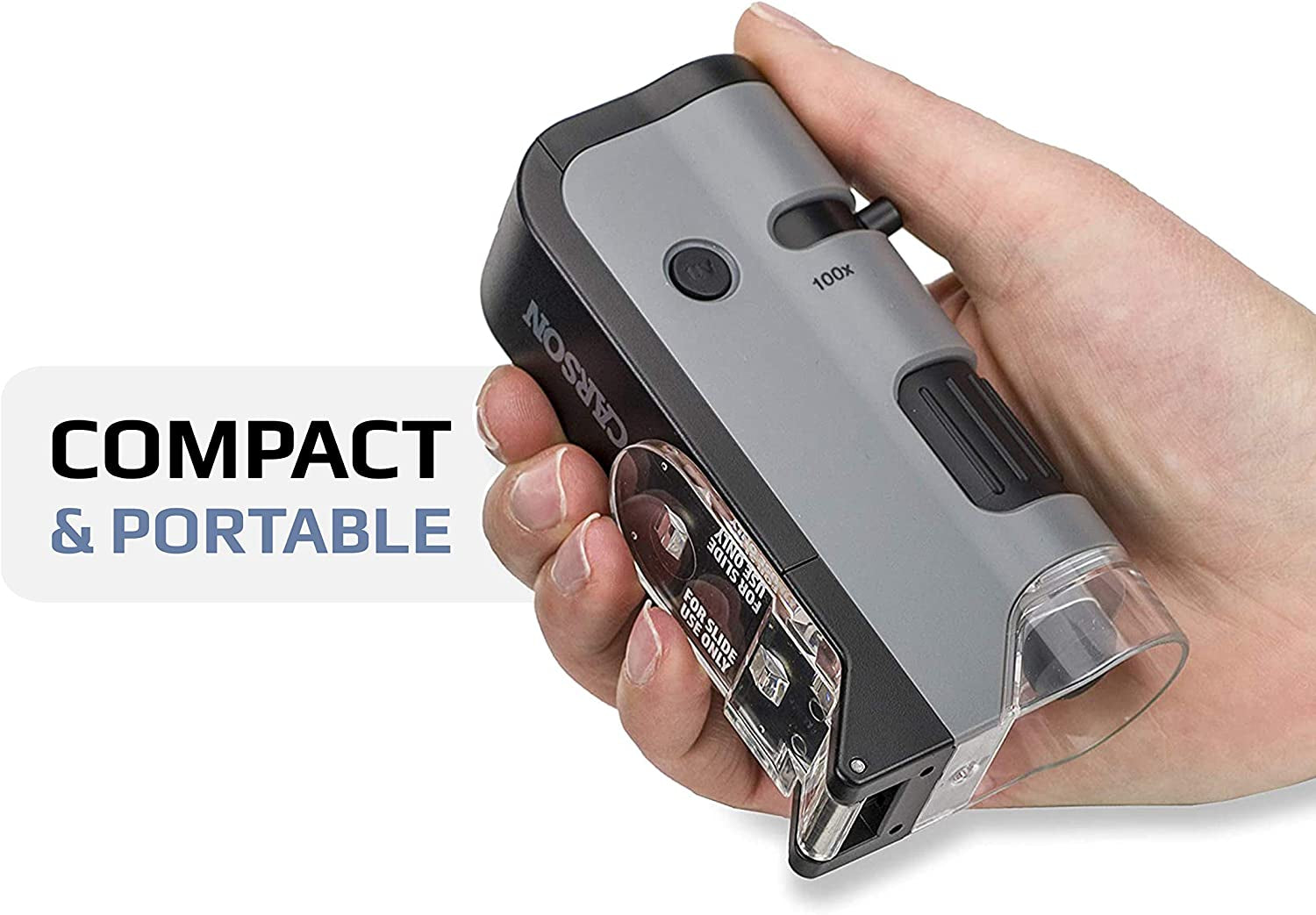 Pocket Microscope Microflip with LED and UV Light, 100X-250X Magnification, Flip Down Slide Base, and Smartphone Digiscoping Clip