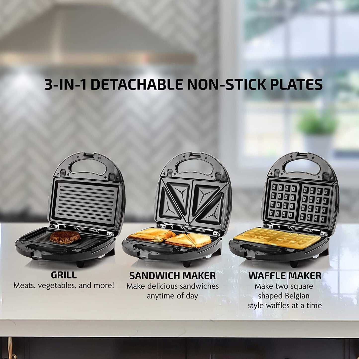 3-in-1 Electric Sandwich Maker: Features Detachable Non-Stick Waffle and Grill Plates. Operates at 750-Watts and includes LED Indicator Lights, Cool Touch Handle, and Anti-Skid Feet for safety and convenience.