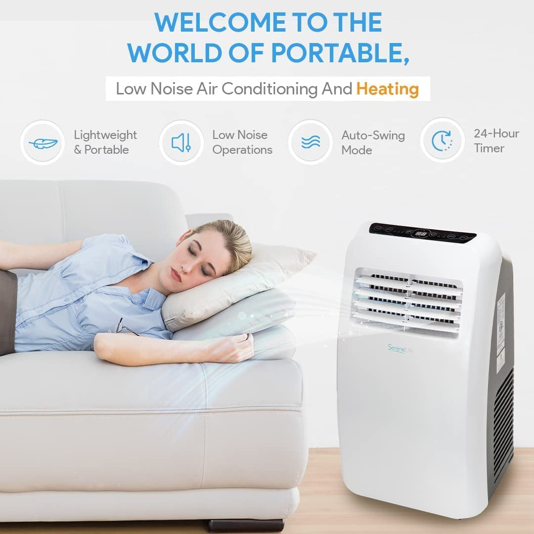 Compact Portable Air Conditioner: Functions as a Home AC Cooling Unit with Built-in Dehumidifier and Fan Modes. Operates Quietly and Includes Window Mount Kit. Offers 10,000 BTU for Cooling and Heating. Color: White.