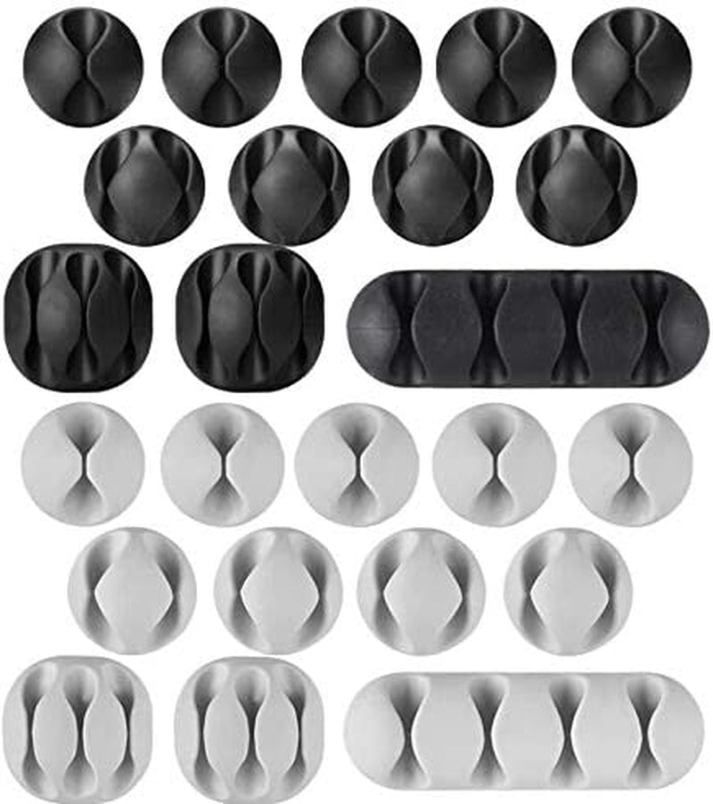 24-Piece Adhesive Silicone Cable Clips for Desk Cable Management - Black and Grey