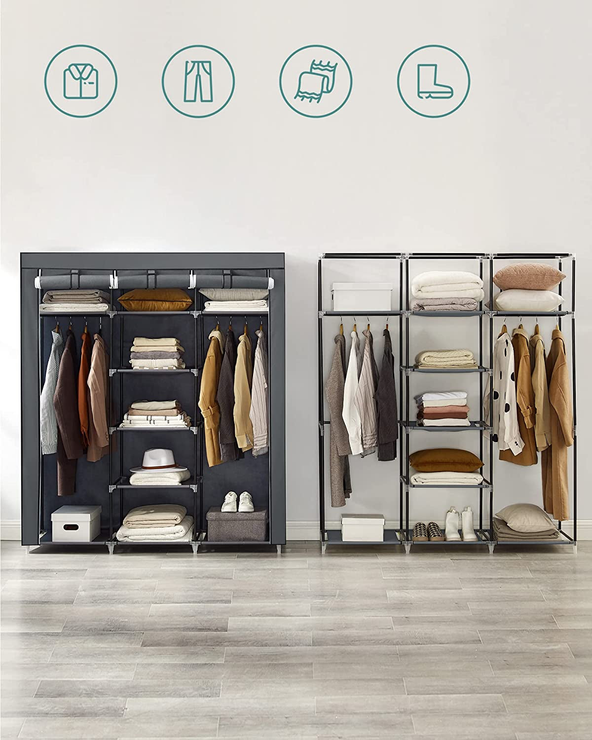 Portable Clothes Closet: Non-Woven Fabric Wardrobe Storage Organizer in Gray 