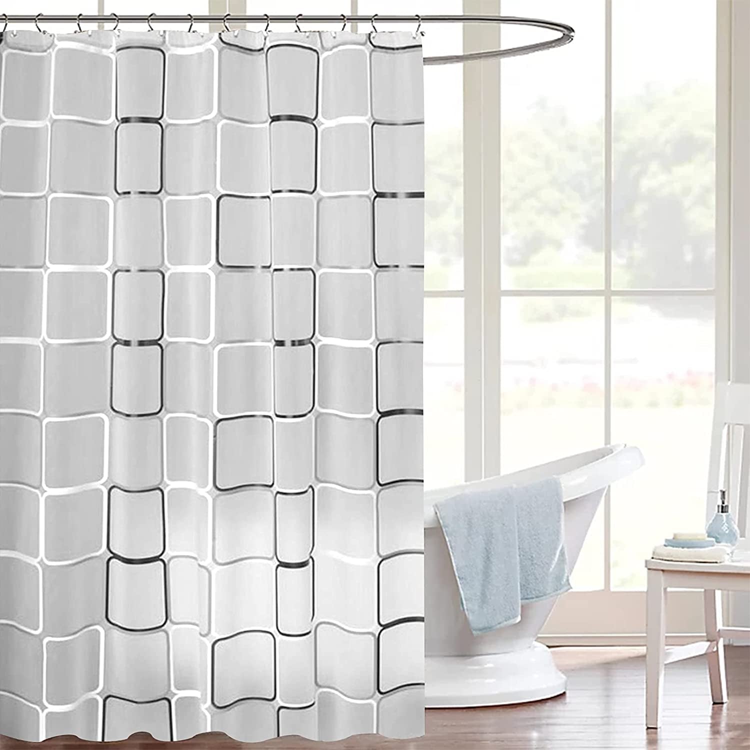 Black and White Lattice Shower Curtain for Bathroom - Contemporary Design - Waterproof - Includes Clear Shower Curtain Hooks Set - Measures 71" x 71" - Enhance Bathroom Decor.